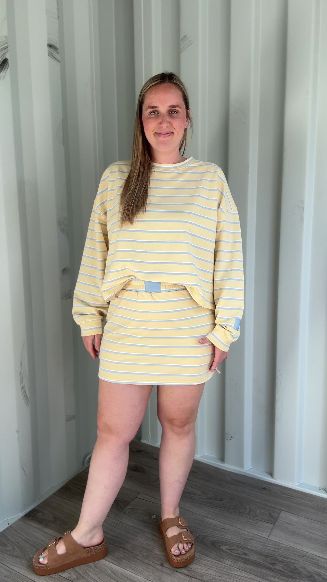 Dallen Striped Terry Lounge Sweatshirt & Skort Set- YELLOW/BABY BLUE