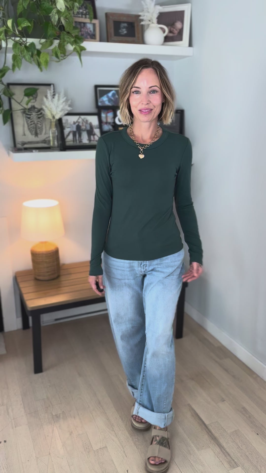 Tansy Basic Crewneck Longsleeve Knit Top- FOREST GREEN
