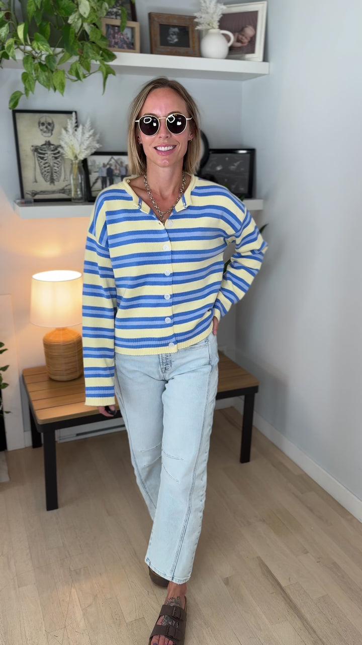 Maggie Striped Button Up Long Sleeve Sweater- DAISY COMBO