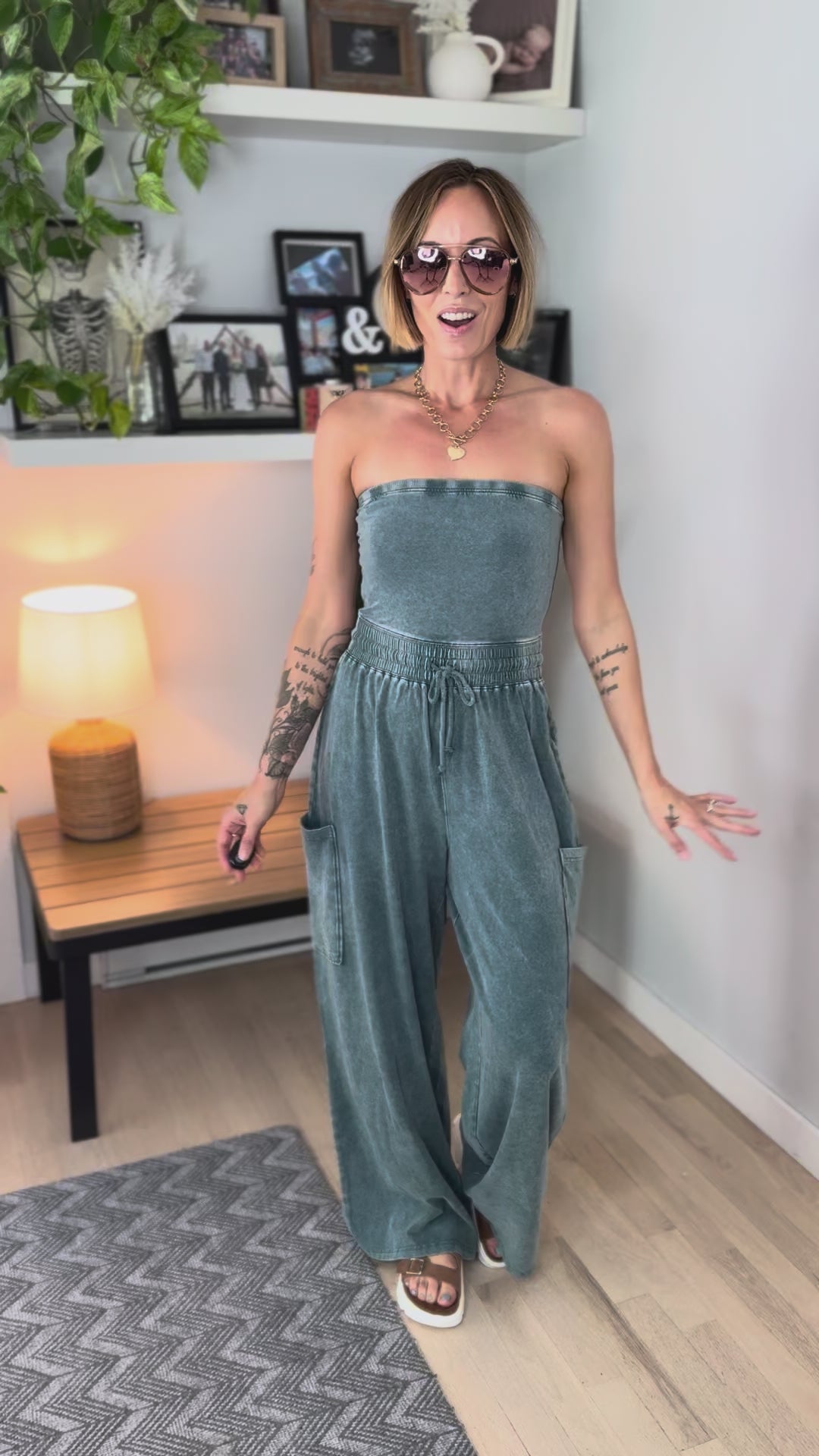 Whitney Strapless Cargo Jumpsuit- DARK TEAL