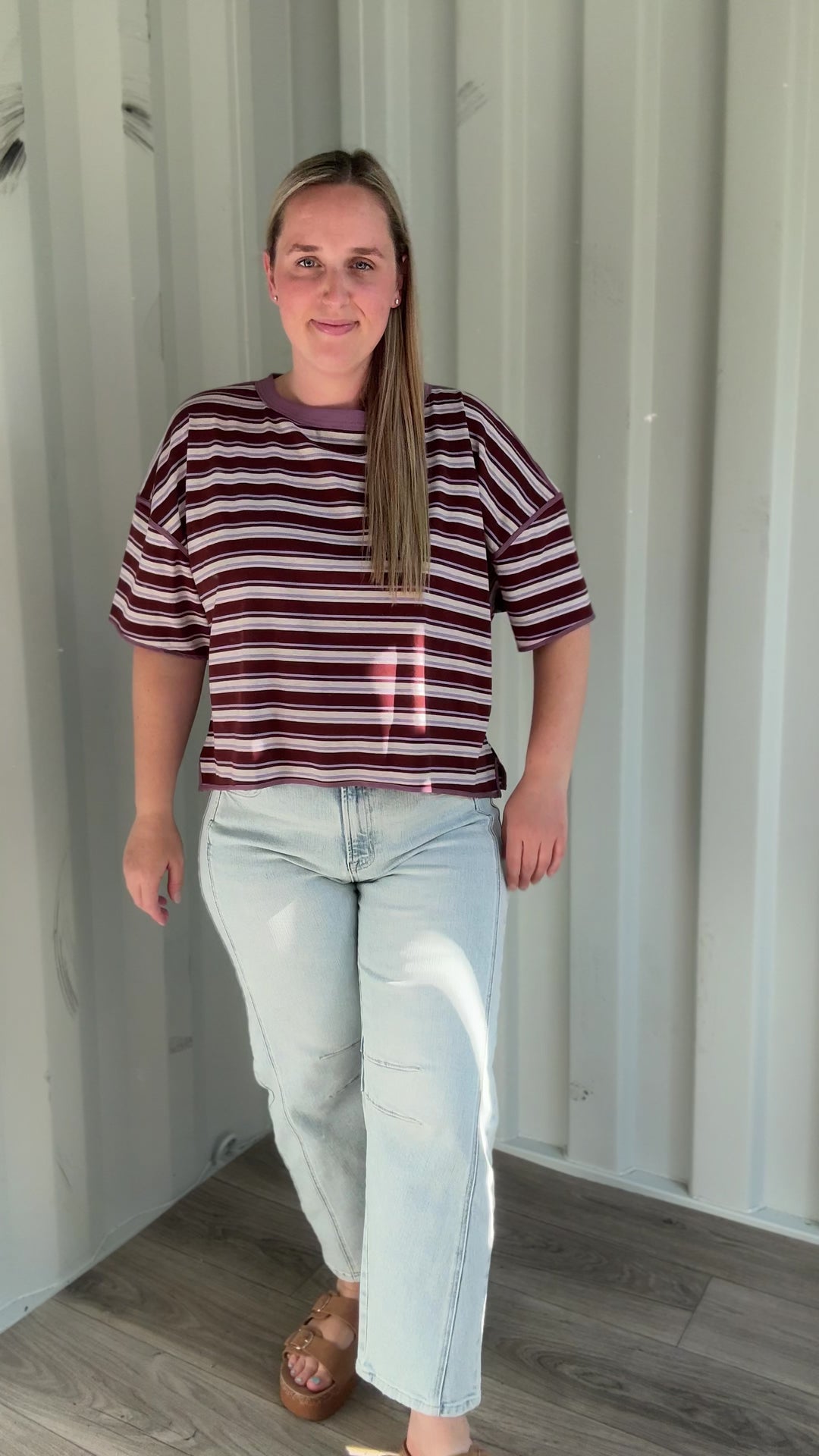 Finner Striped Short Sleeve Boxy Top- FIG JAM