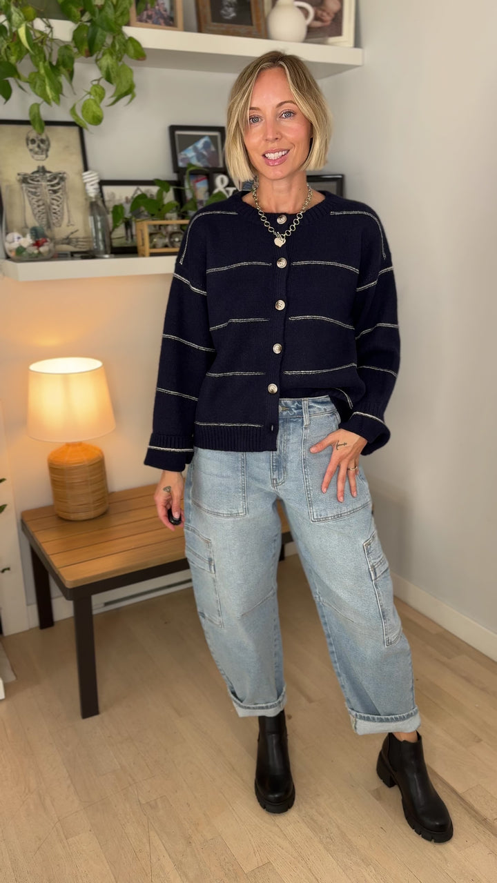 Copper Button Down Cardigan- NAVY MULTI-FINAL SALE