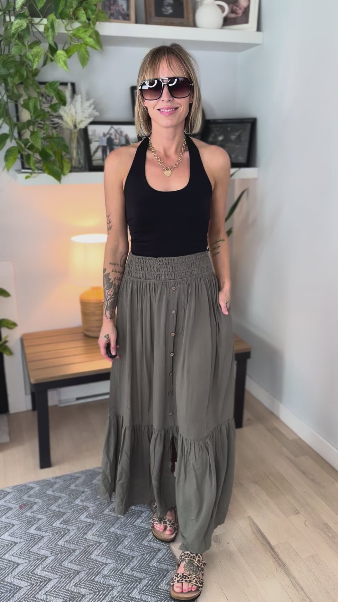 Keke Smocked Maxi Skirt- OLIVE