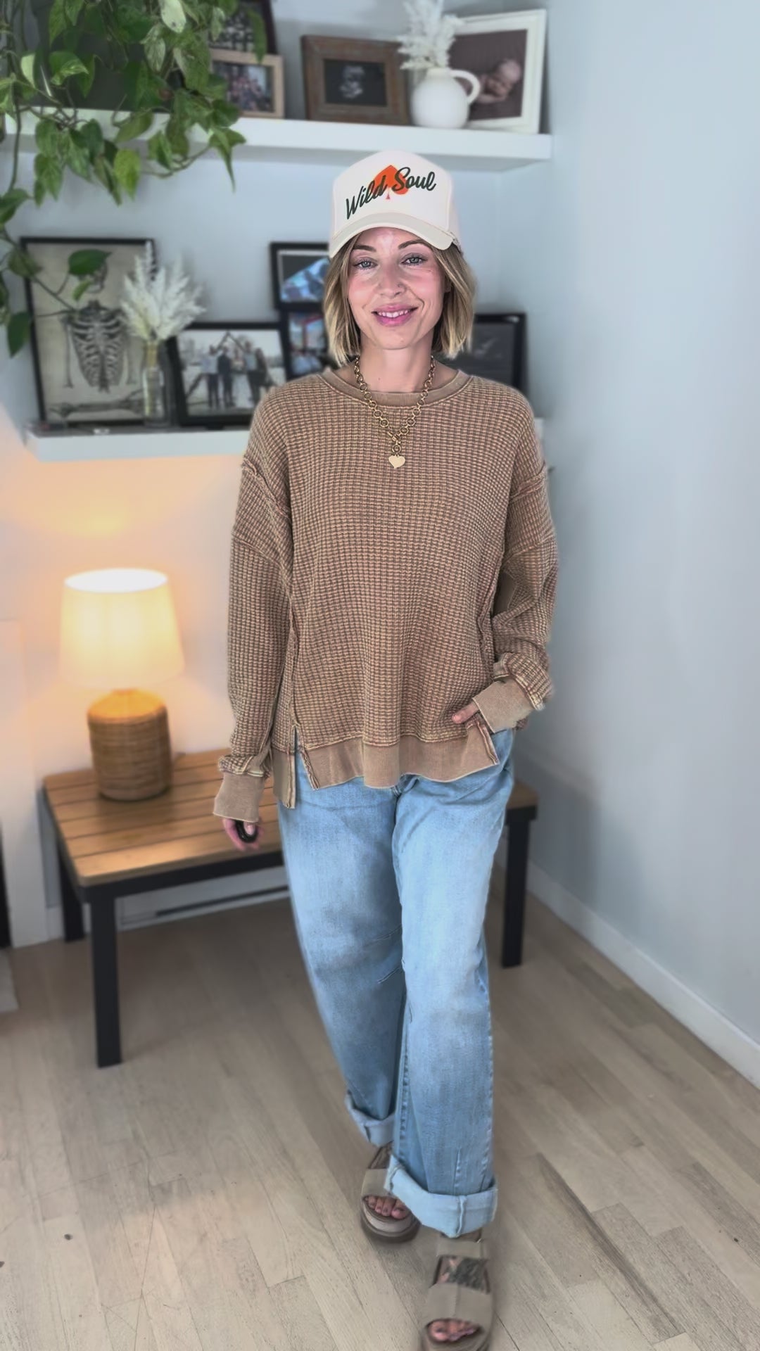 Brielle Mineral Washed Thermal Pullover- ALMOND