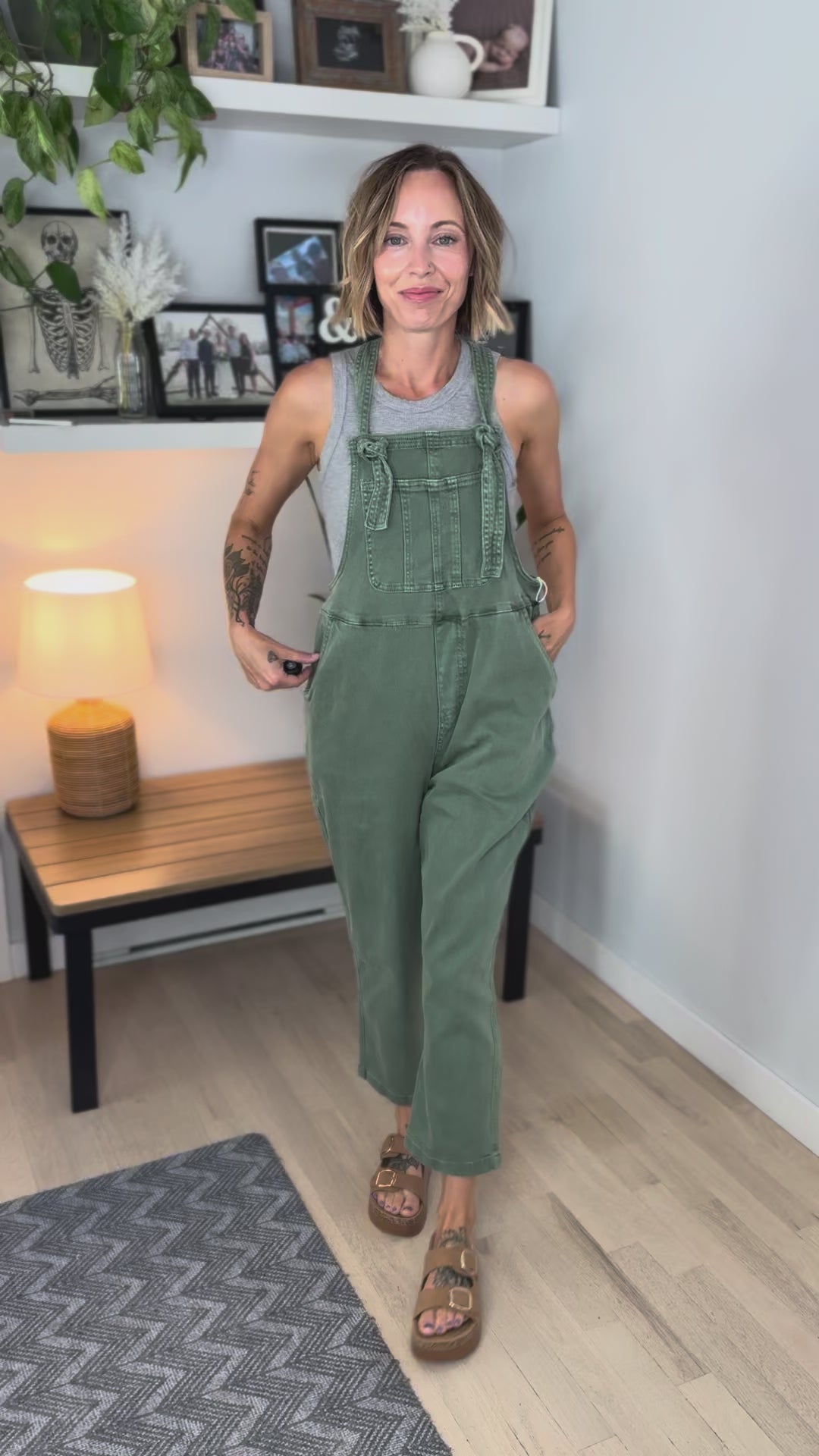 Story Washed Knot Strap Relaxed Fit Overalls- OLIVE-FINAL SALE