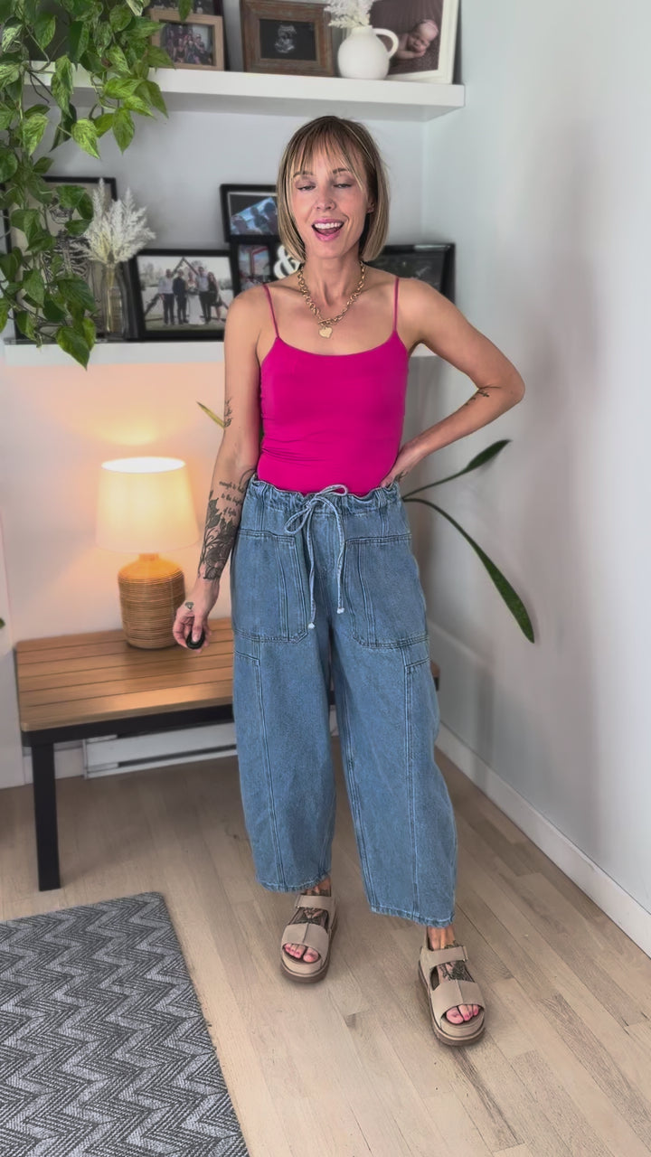 Deana Drawstring Barrel Pants- LIGHT DENIM-FINAL SALE