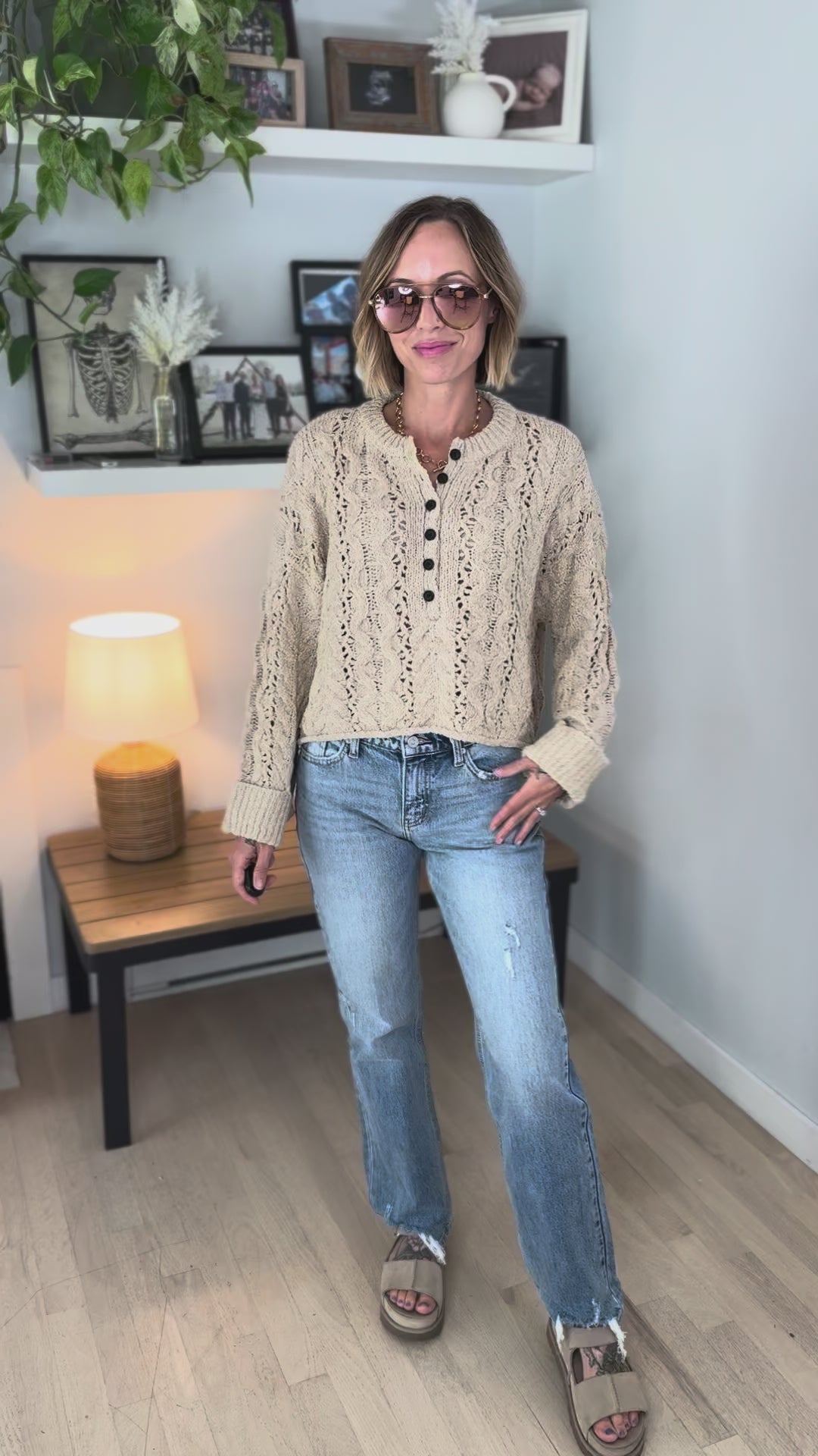 Cove Textured Cropped Henley Knit Sweater- OAT