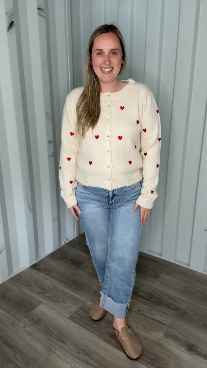 Orchard Heart Embrodiered Button Down Cardigan- ECRU