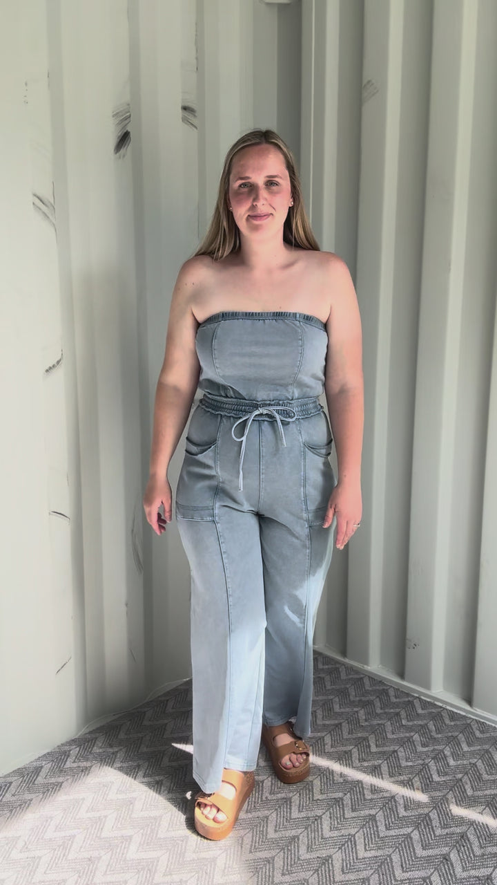 Bahia Washed Strapless Jumpsuit- LIGHT DENIM