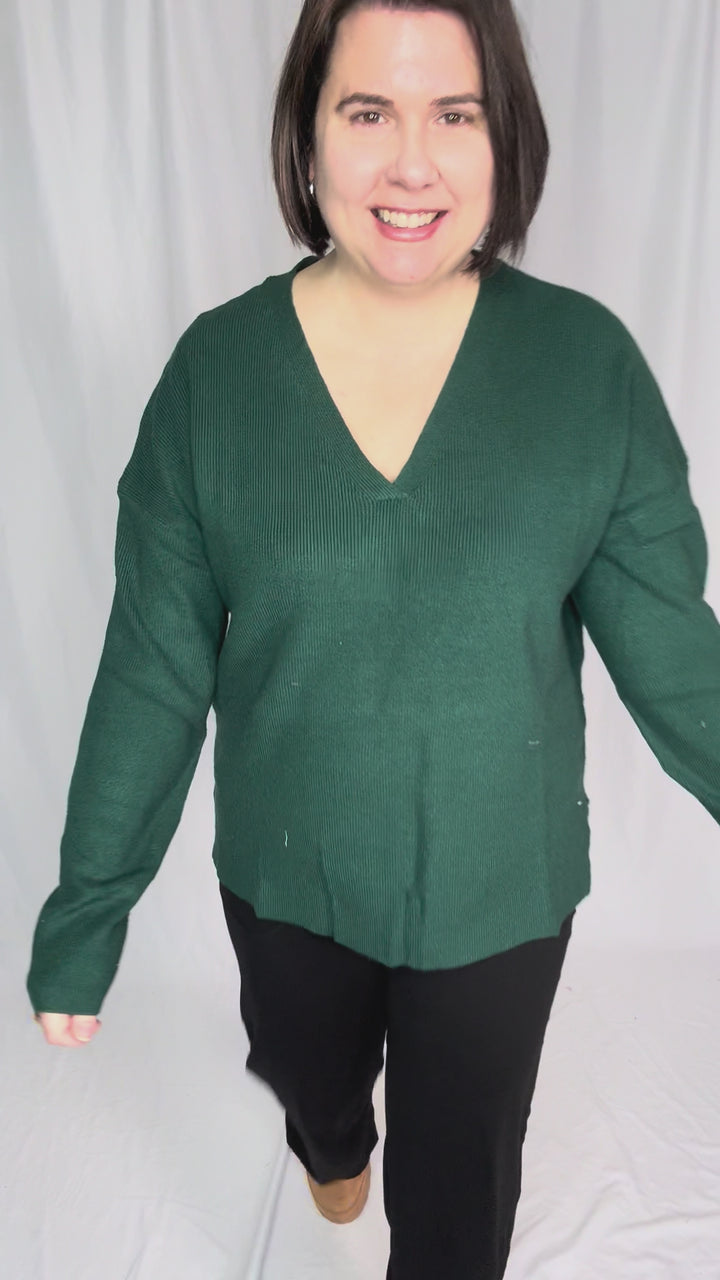 Jillian Knit V-Neck Drop Shoulder Sweater- TEAL GREEN