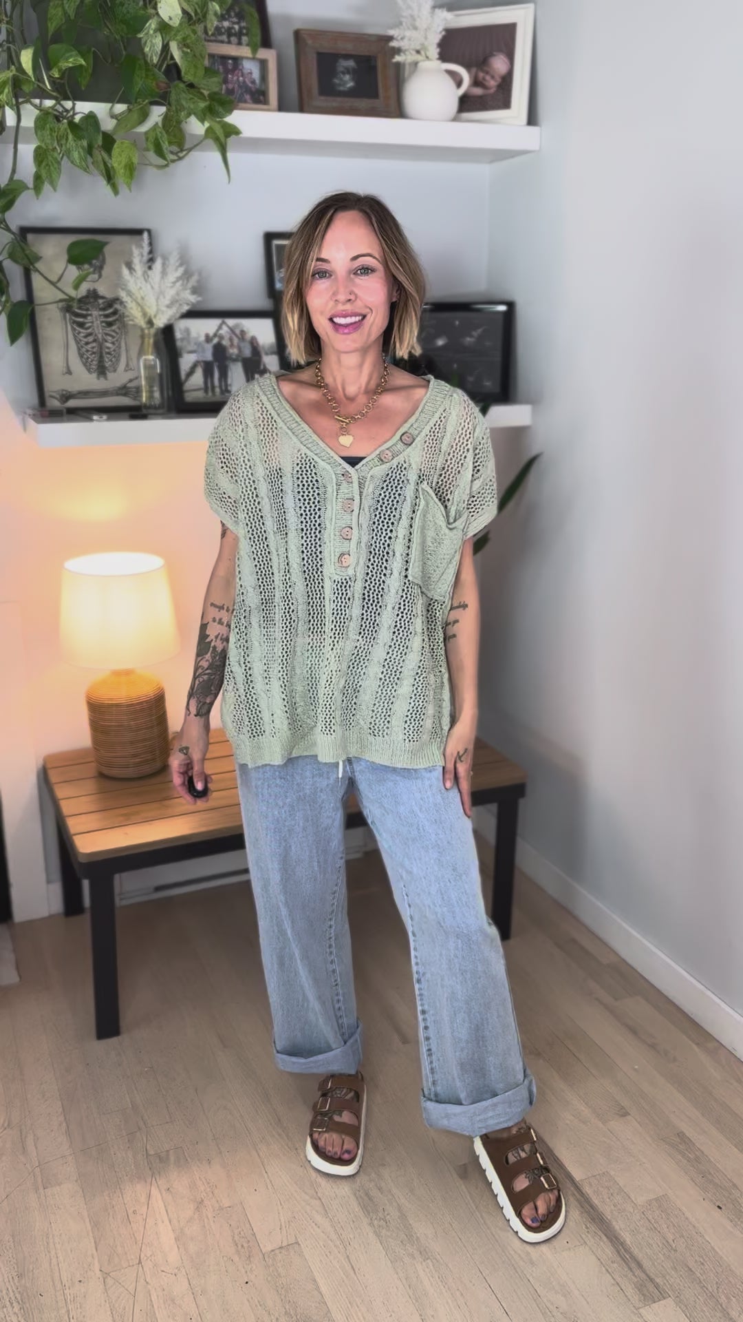 Amalfi Coast Open Crochet Tunic Button Up Short Sleeve- SAGE