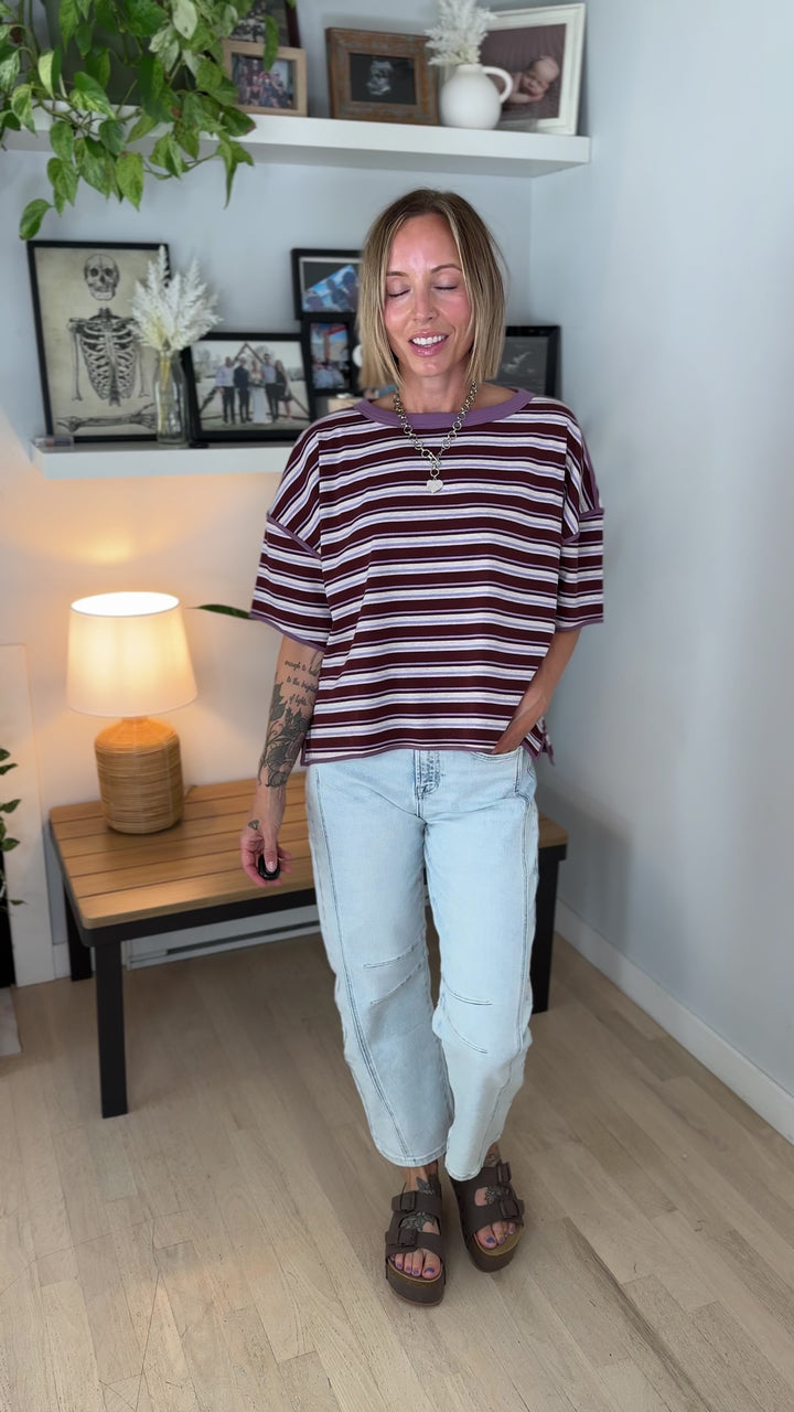 Finner Striped Short Sleeve Boxy Top- FIG JAM