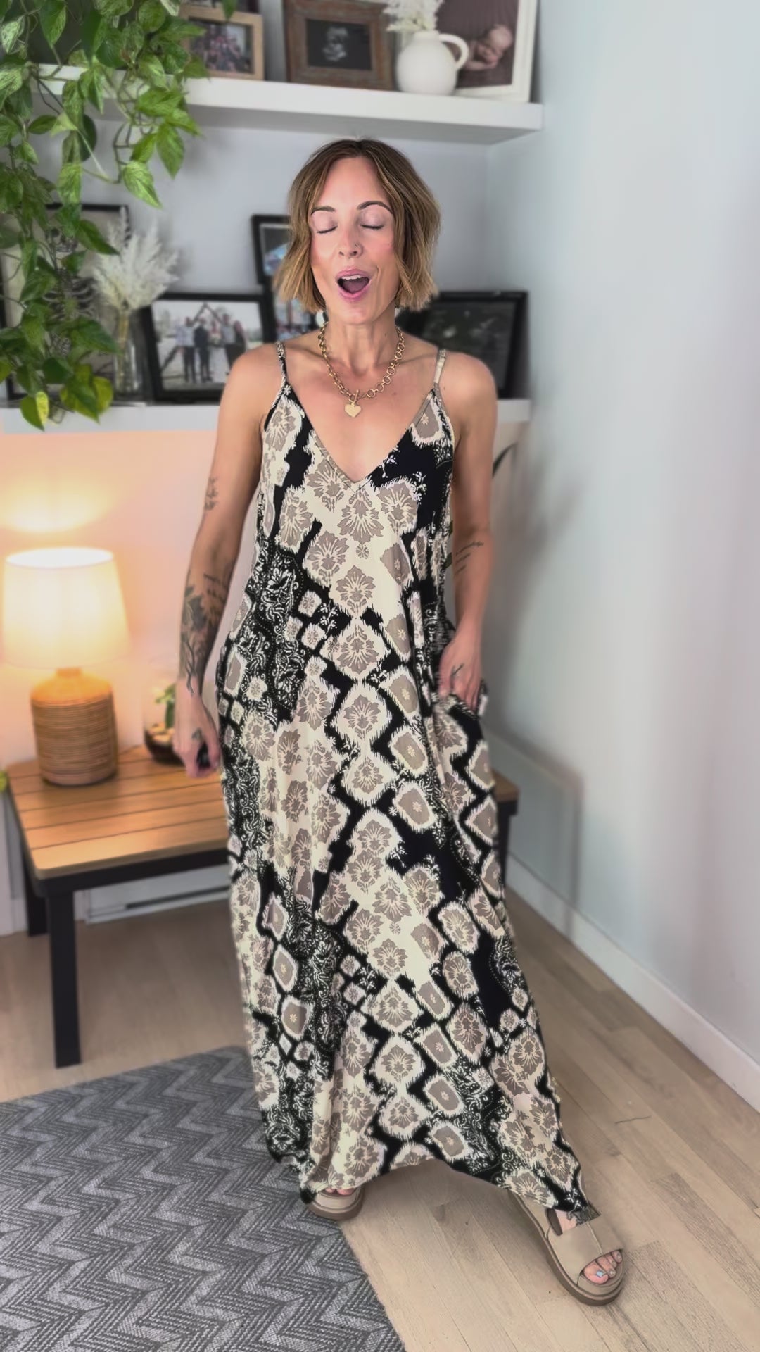 The Original V-Neck Cocoon Maxi Dress- BOHO BLACK/KHAKI