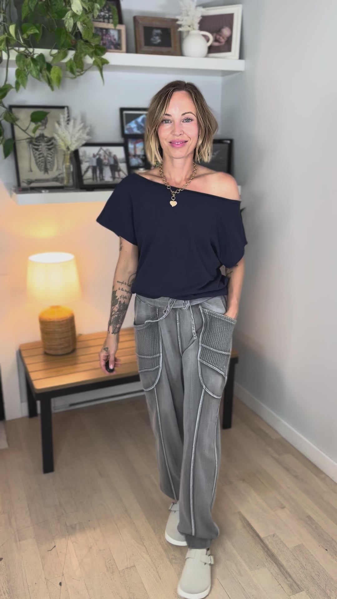 Janice Fleece Off Shoulder Top- NAVY
