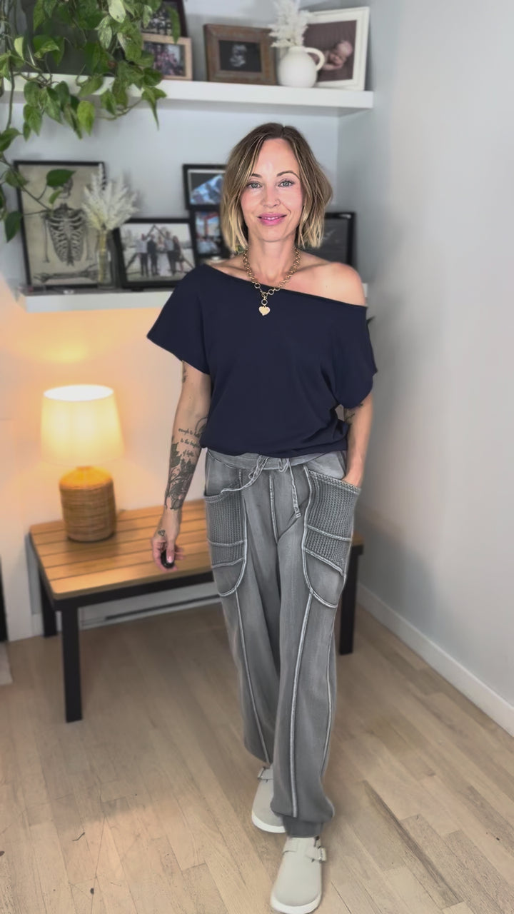 Janice Fleece Off Shoulder Top- NAVY