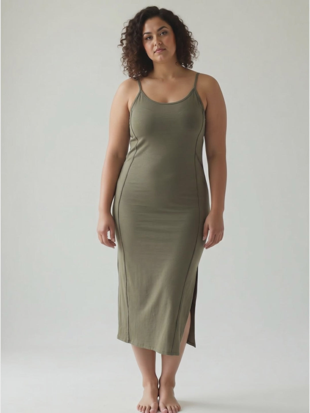 Catalina Mineral Washed Contrast Side Panel Maxi Dress- OLIVE