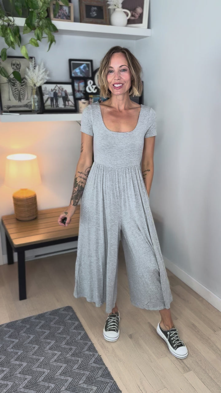 Winslet Double Layered Short Sleeve Jumpsuit- HEATHER GREY