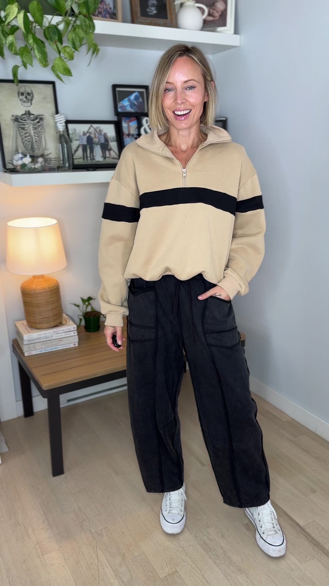 Elm Stripe Block 1/4 Zip- TAUPE/BLACK