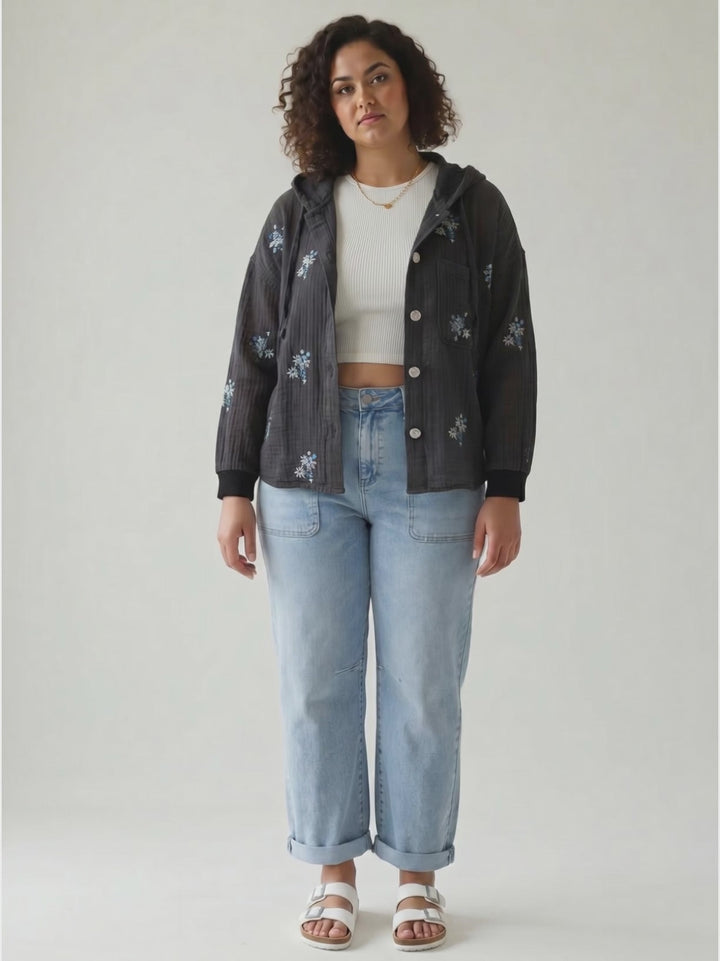 Helena Washed Cotton Gauze Floral Shacket- WASHED BLACK