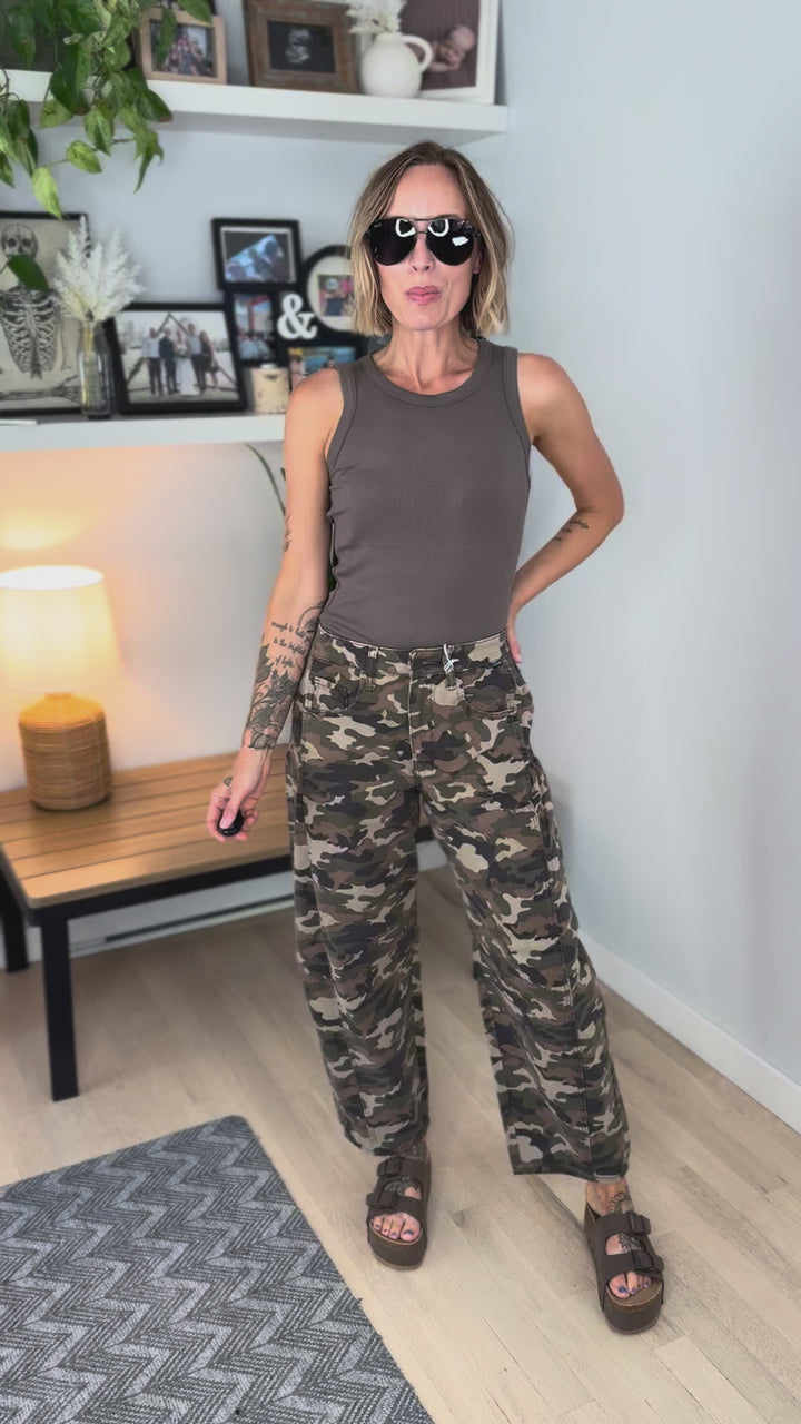 Cello Alana Camo Mid Waisted Barrel Leg Jeans- CAMO WASHED