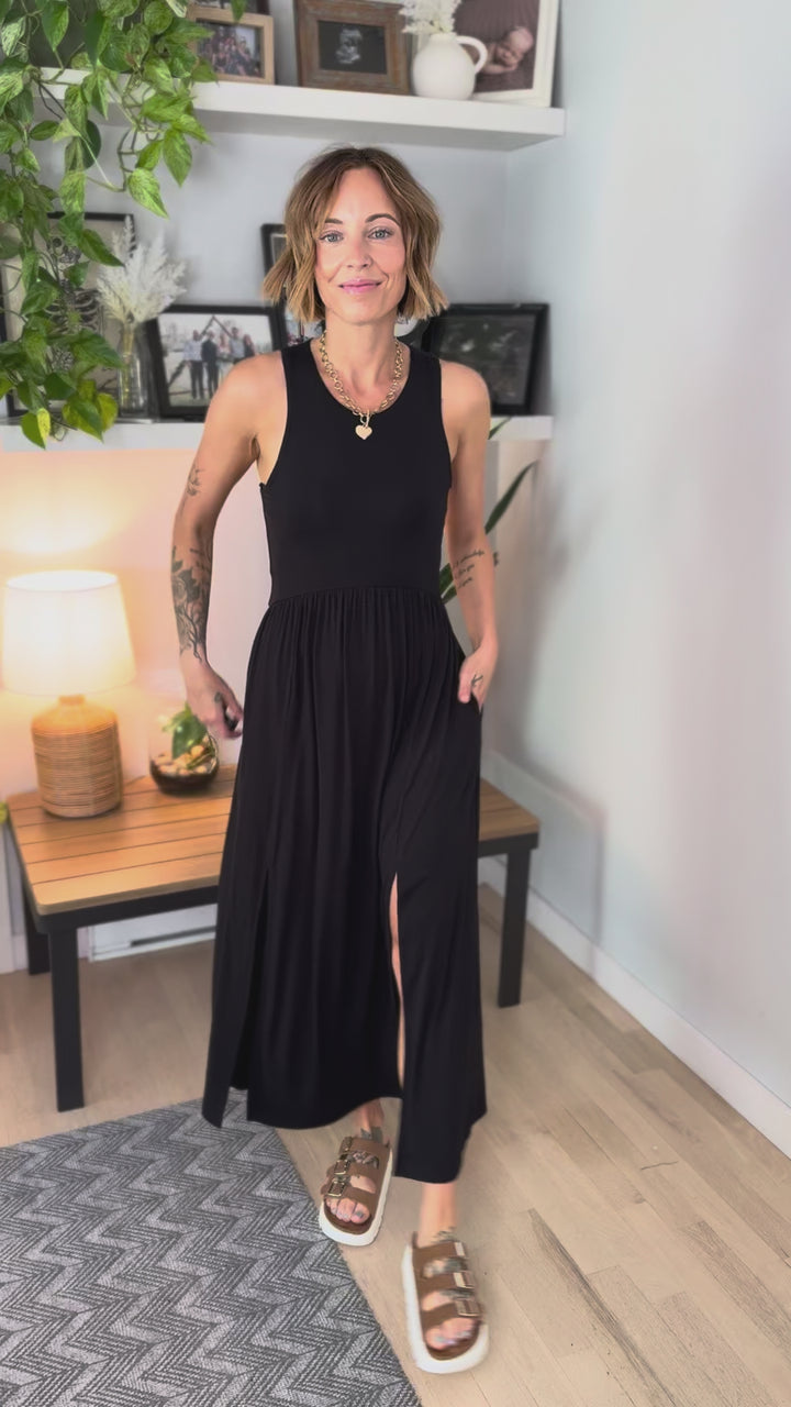 Beverly Side Slit Midi Dress- BLACK