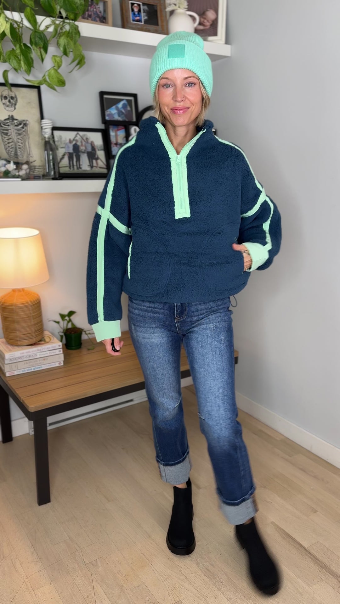 Justina Half Zip Sherpa Fleece Pullover- NAVY