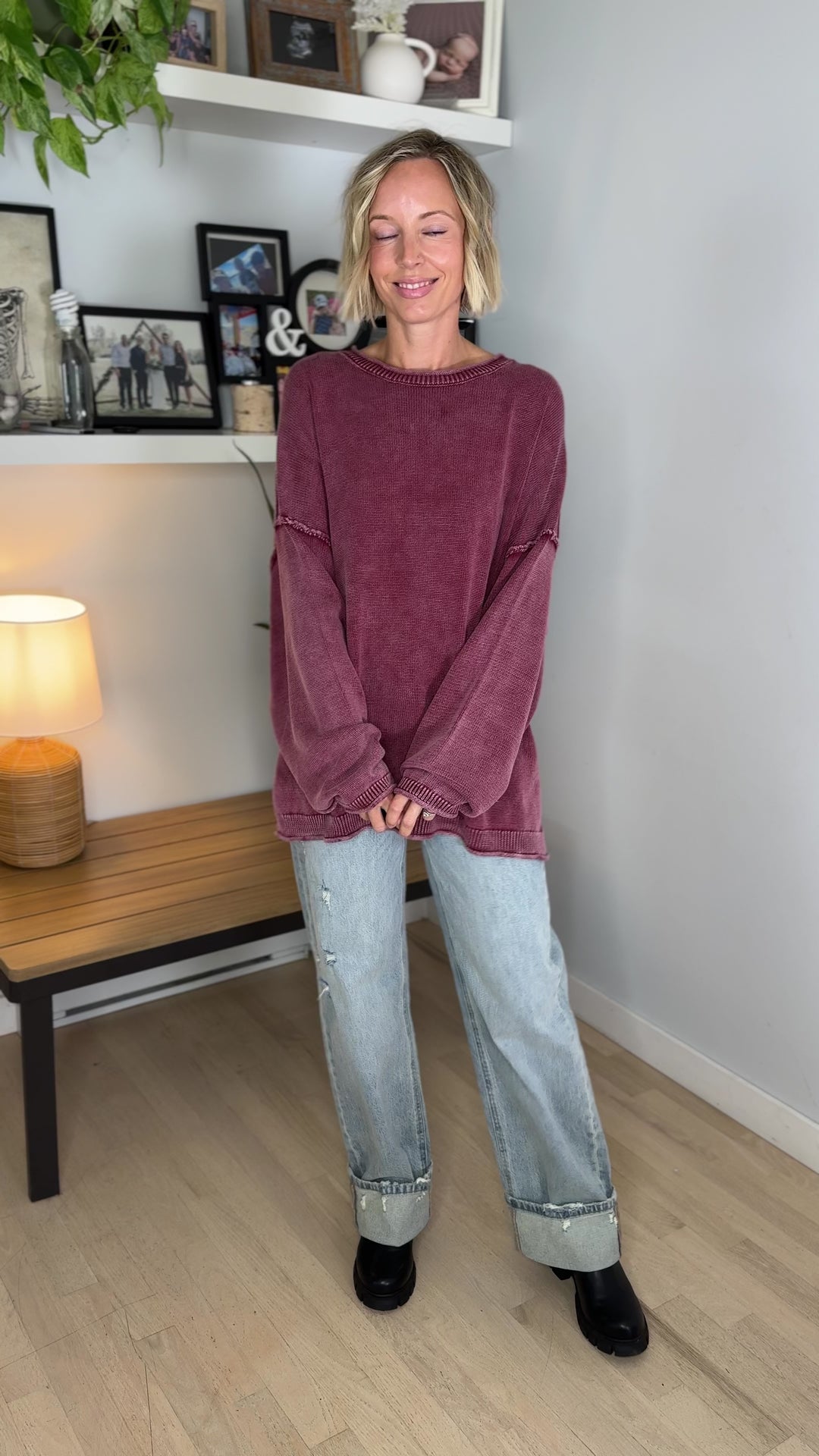 Sorel Washed Cotton Raw Edge Crewneck Sweater- BURGUNDY