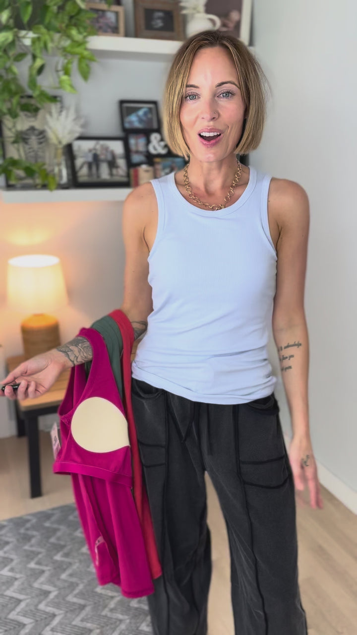 Mono B Kim Micro-Ribbed Built In Bra Tank Top- HALOGEN BLUE