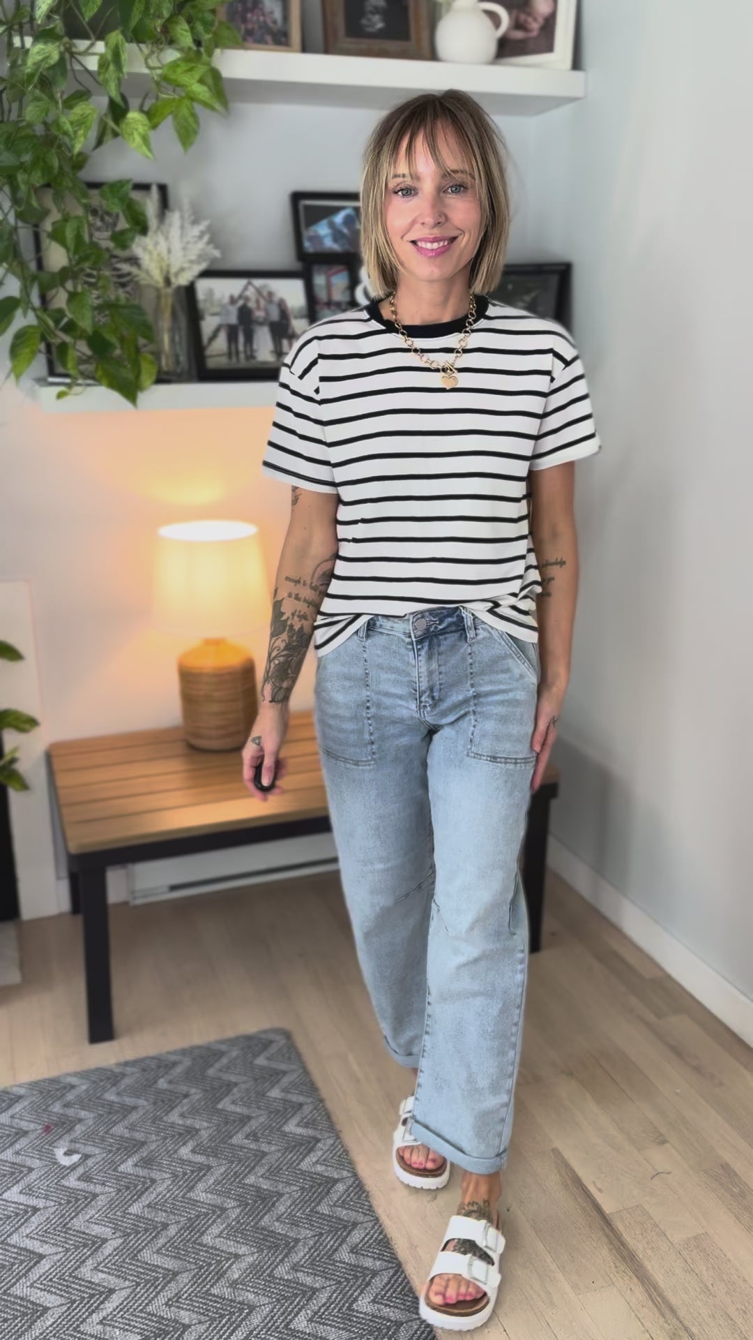 Marlene Striped Cotton T-Shirt- NAVY