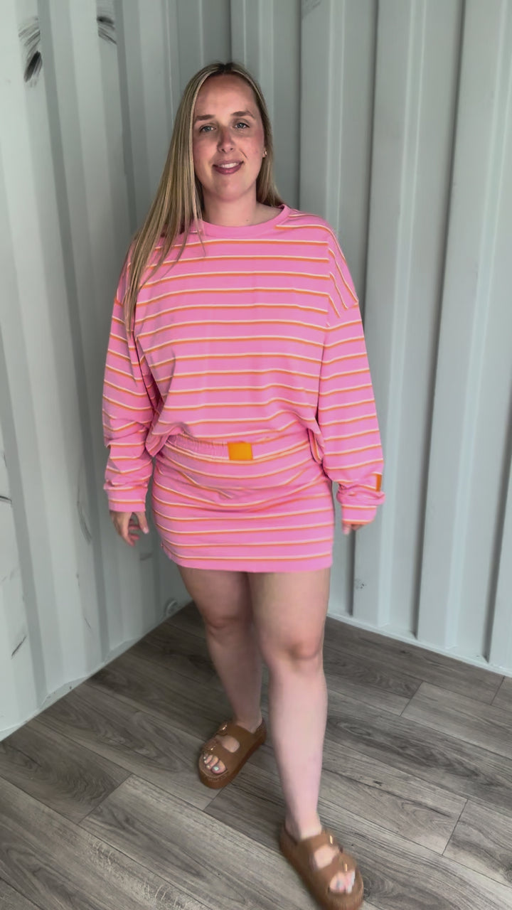 Dallen Striped Terry Lounge Sweatshirt & Skort Set- PINK/ORANGE