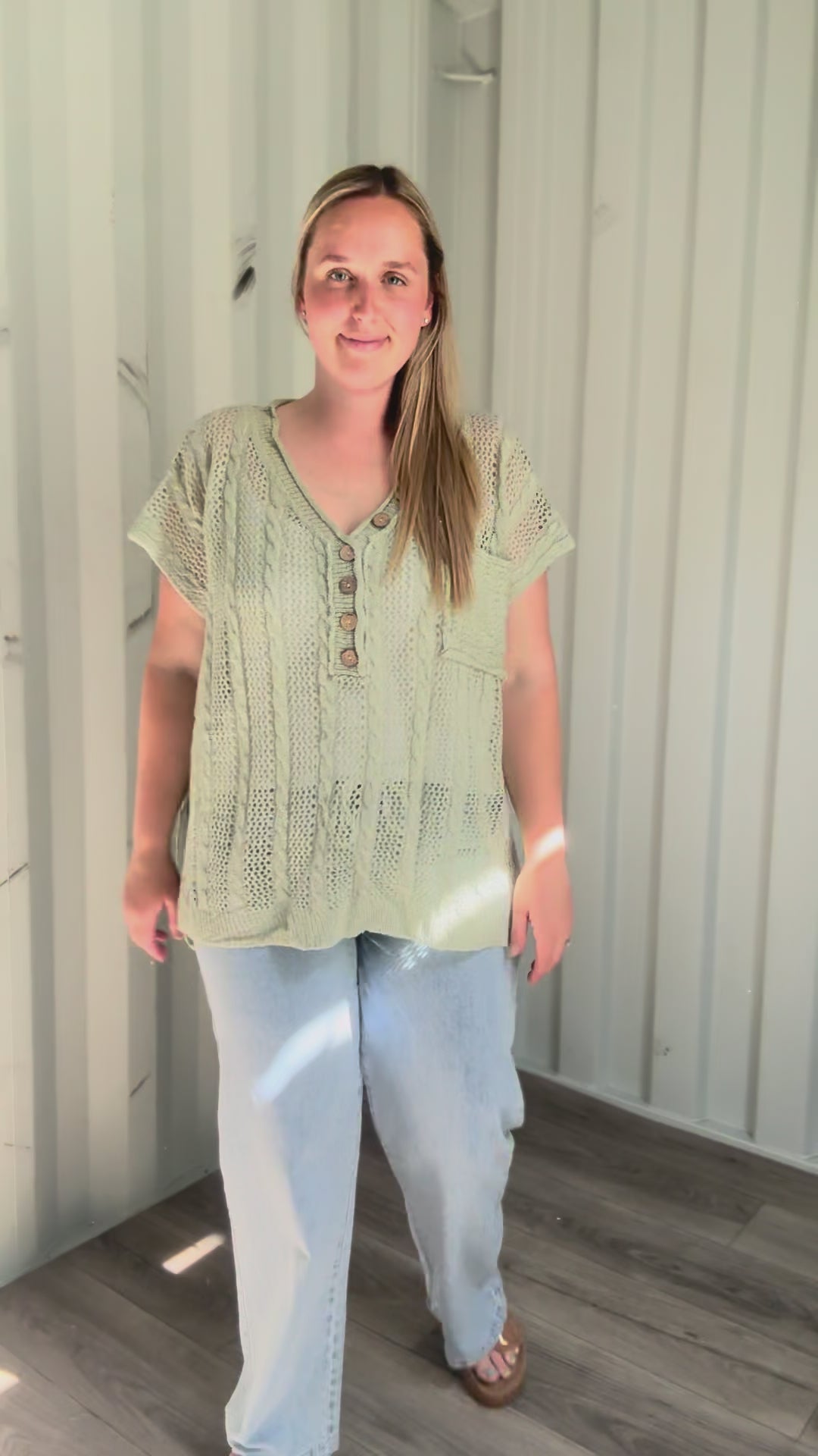 Amalfi Coast Open Crochet Tunic Button Up Short Sleeve- SAGE