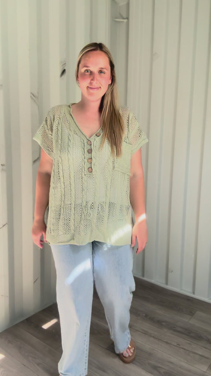 Amalfi Coast Open Crochet Tunic Button Up Short Sleeve- SAGE