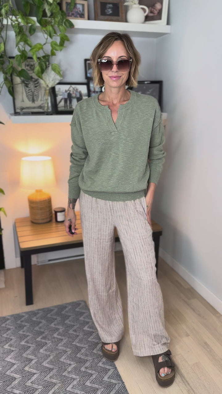 Boardwalk Raw Henley Long Sleeve Sweater- SAGE