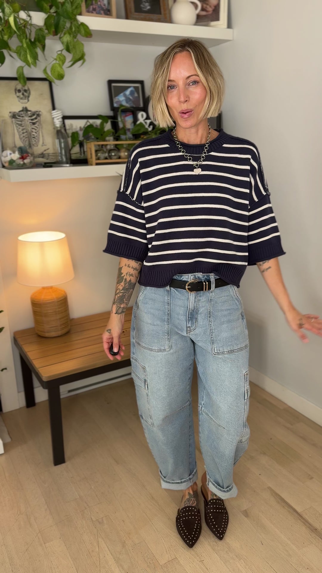 Darlene Stripe Drop Shoulder Short Sleeve Sweater- DARK NAVY-FINAL SALE