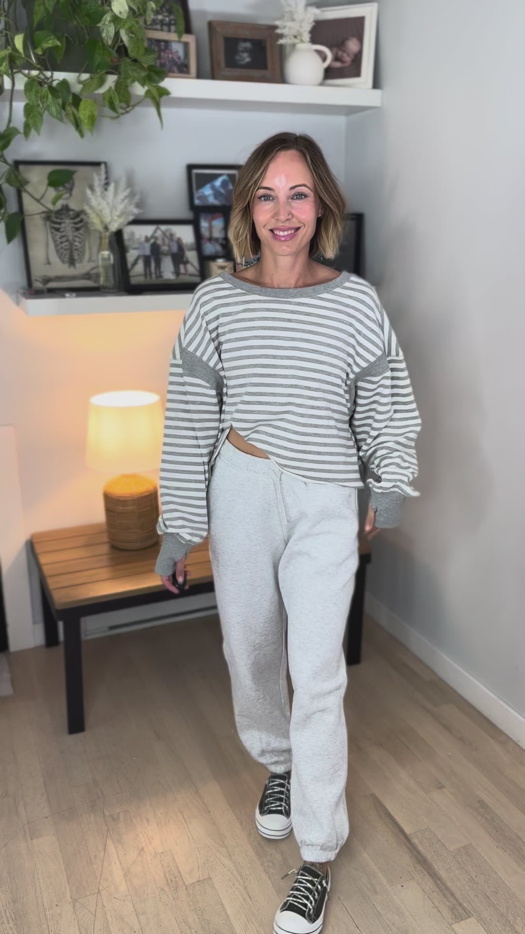 Sanbar Striped Open Back Long Sleeve- HEATHER GREY/WHITE