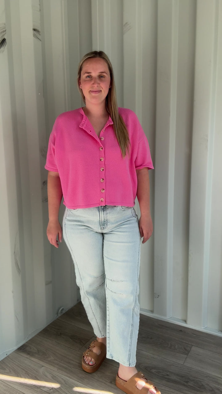 Bette Button Up Sweater Top- HIBISCUS