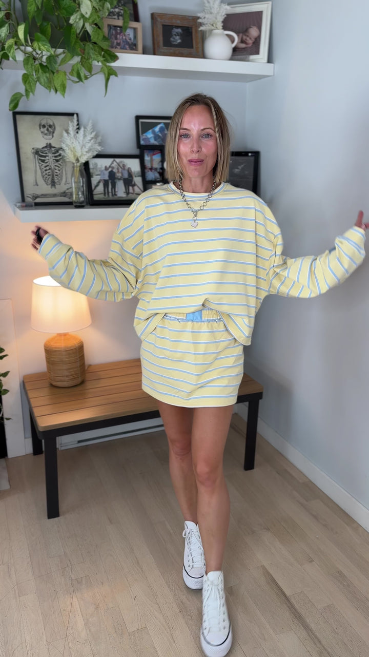 Dallen Striped Terry Lounge Sweatshirt & Skort Set- YELLOW/BABY BLUE