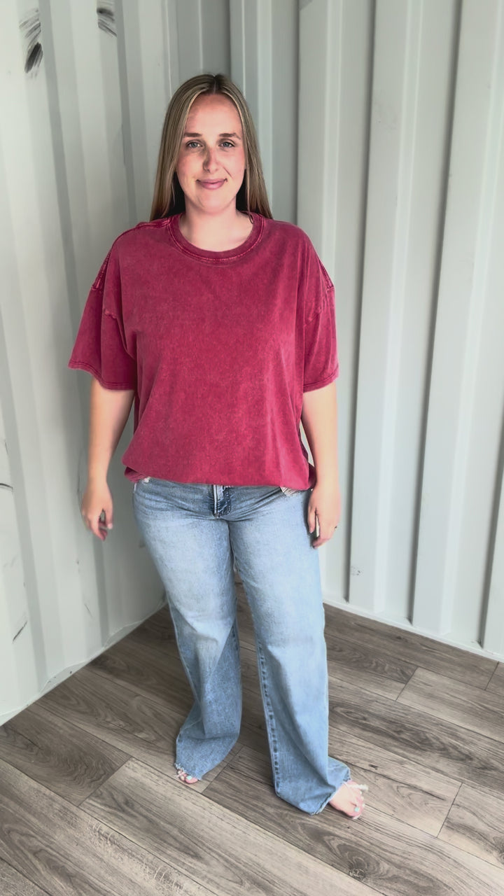Keri Washed Cotton Boyfriend Tee- DARK RED