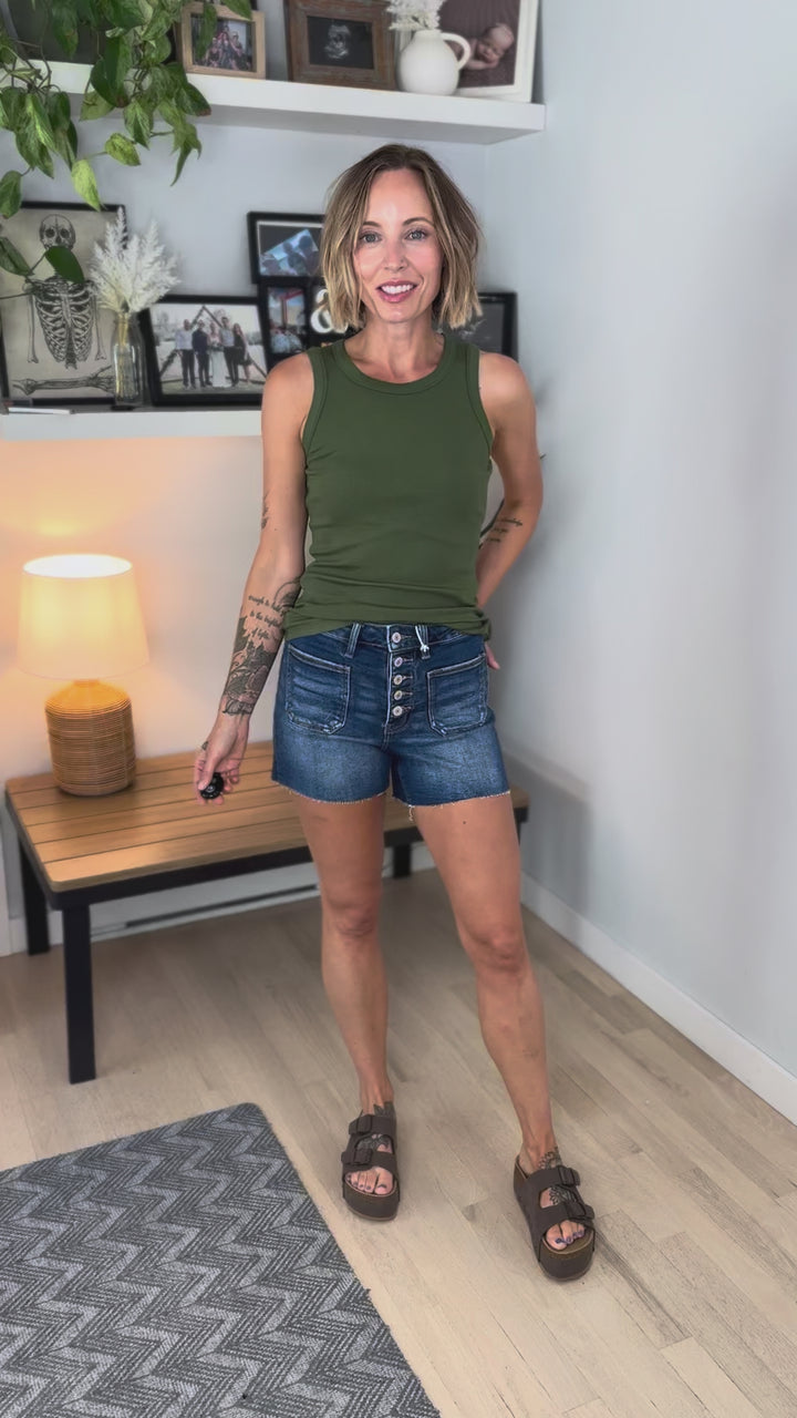 Larkspur High Rise Patched Pocket Button Fly Shorts- MANIFEST-FINAL SALE