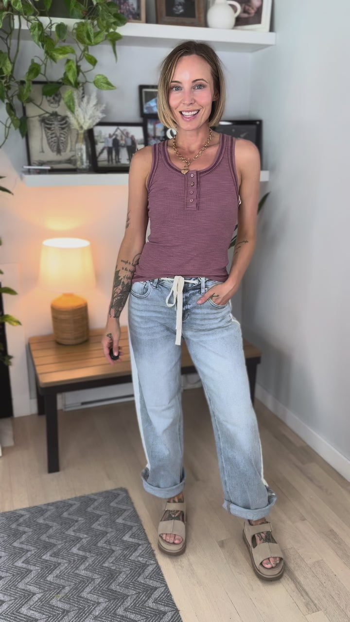 Tropical Breeze Ribbed Henley Tank- BERRY