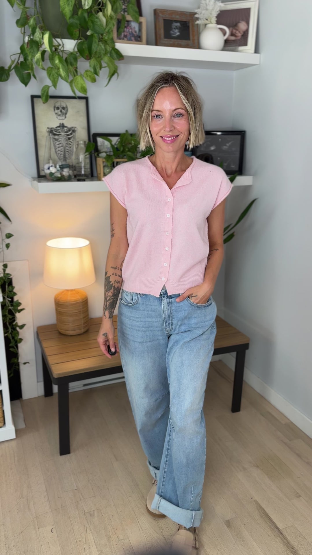 Tawny Sleeveless Button Up Cardigan- PINK