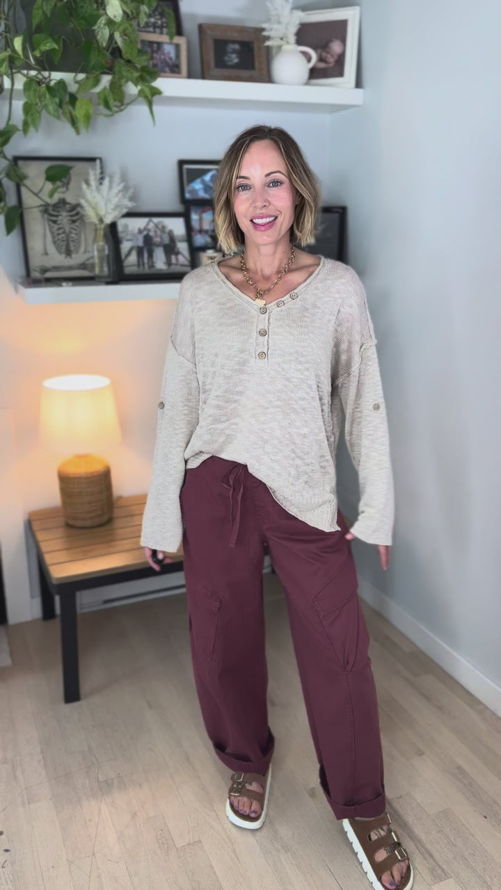 Kaia Henley Button Up Knit Sweater- BEIGE