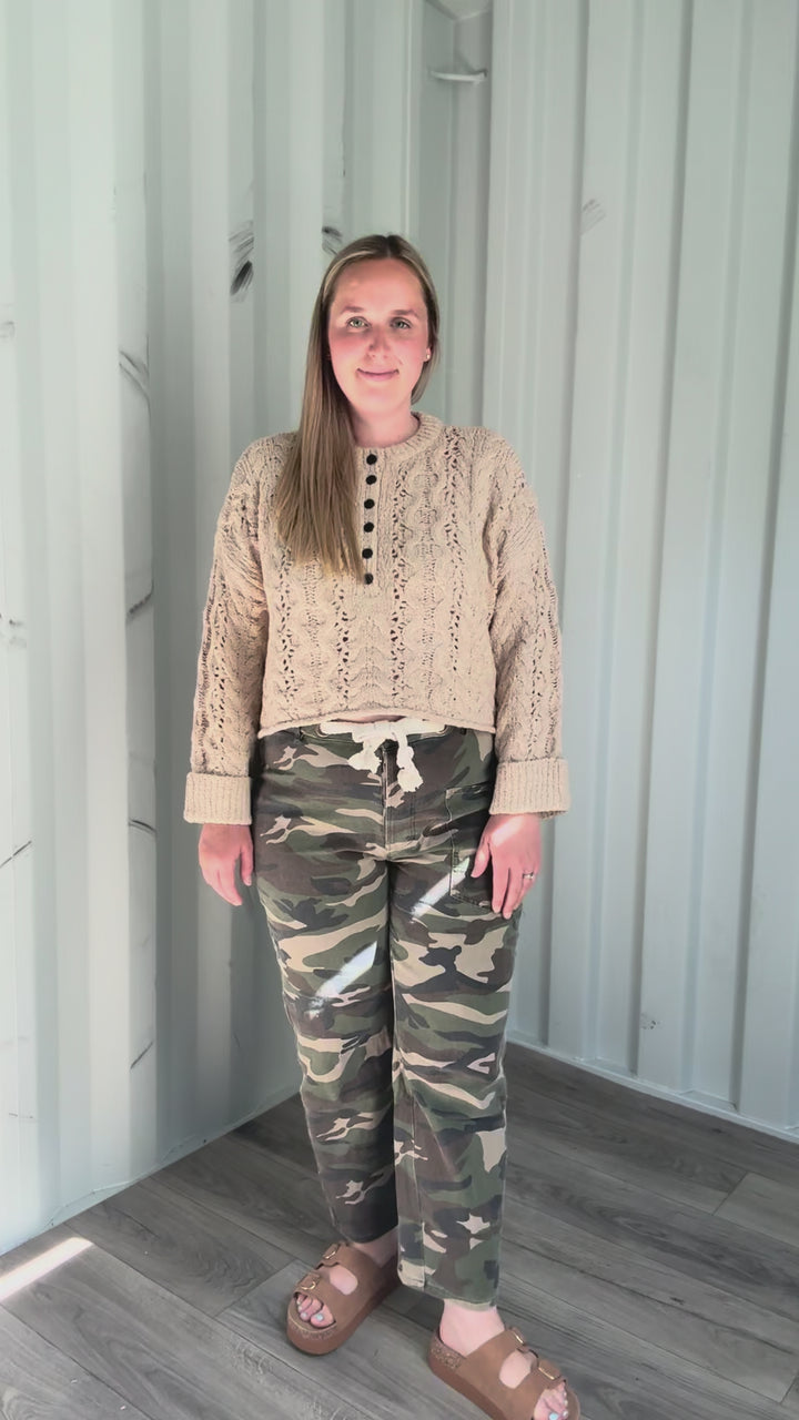 Wisteria Vintage Washed Cargo Rope Drawstring Pants- CAMO