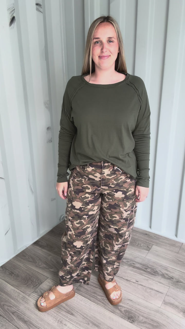 Cello Alana Camo Mid Waisted Barrel Leg Jeans- CAMO WASHED