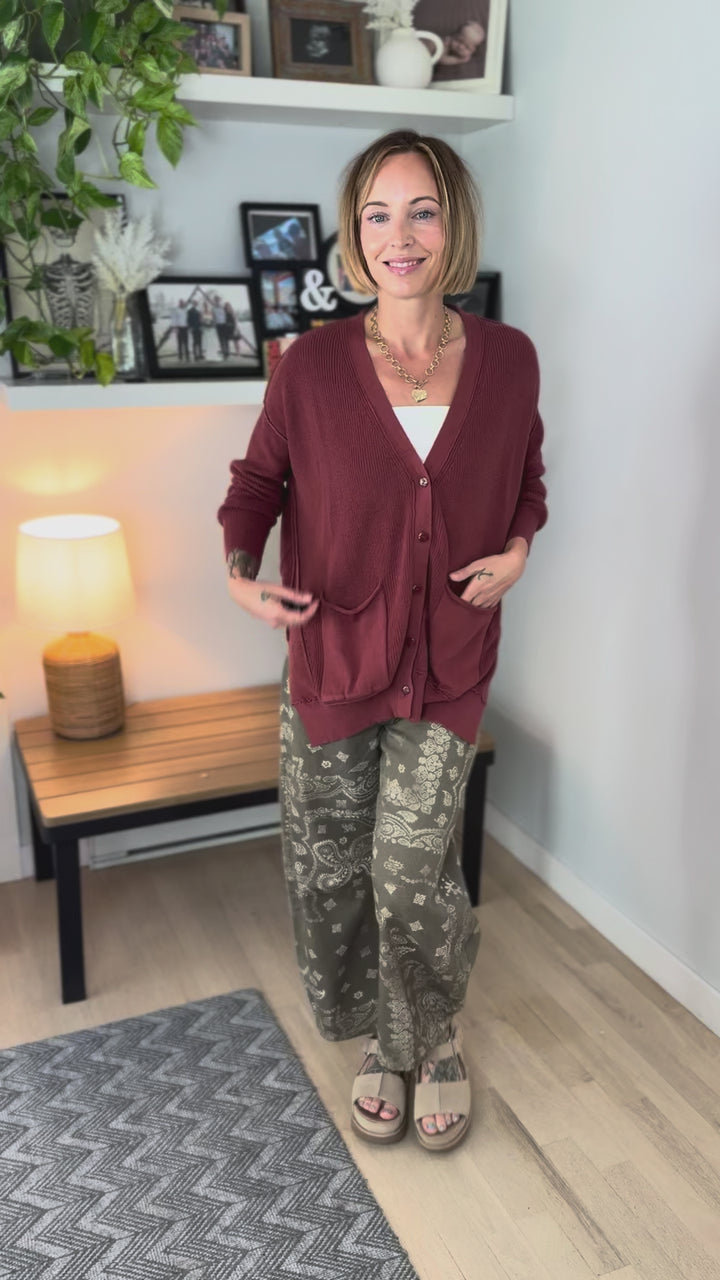 Charm Slouchy Button Cardigan-  REDWOOD