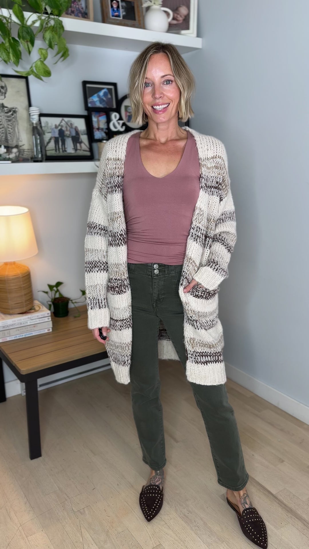 Isley Long Sleeve Striped Cardigan- OATMEAL/BROWN