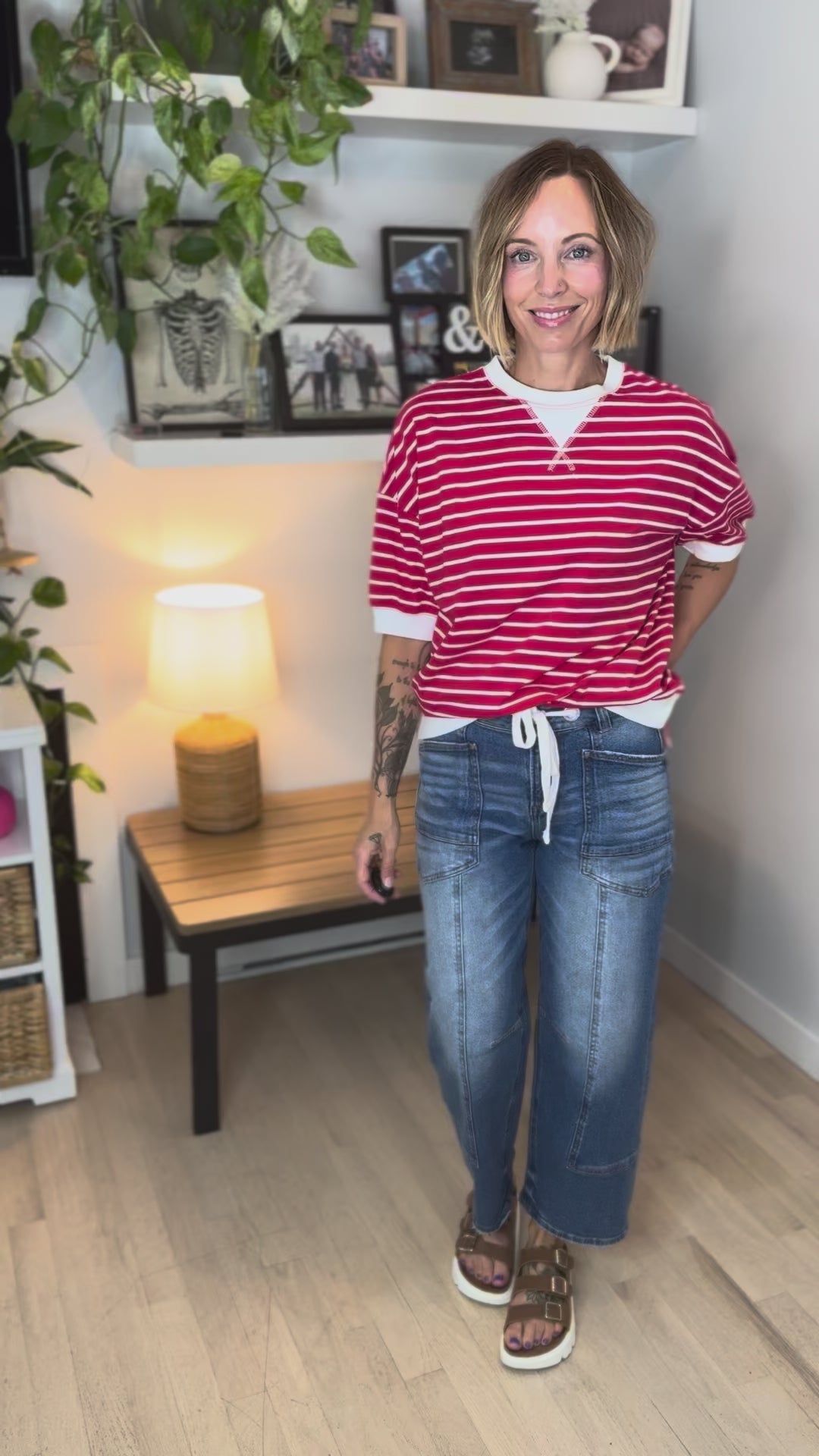 Santorini Stretch Cotton Stripe Short Sleeve- RUBY-FINAL SALE *S*