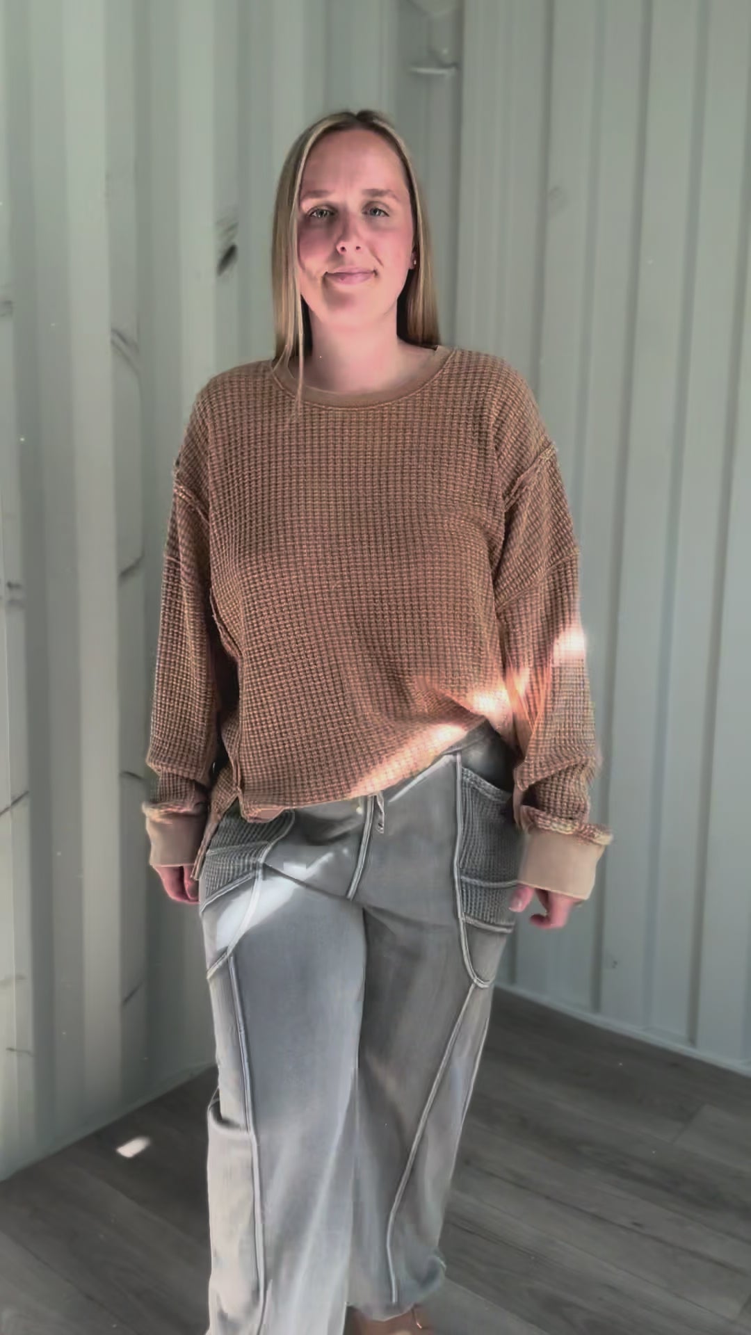 Brielle Mineral Washed Thermal Pullover- ALMOND