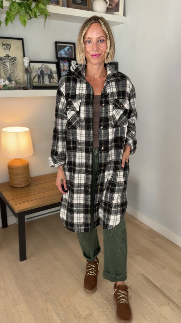 Out West Plaid Flannel Shacket- BLACK/OLIVE MUTLI-FINAL SALE