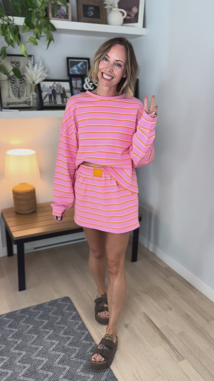 Dallen Striped Terry Lounge Sweatshirt & Skort Set- PINK/ORANGE